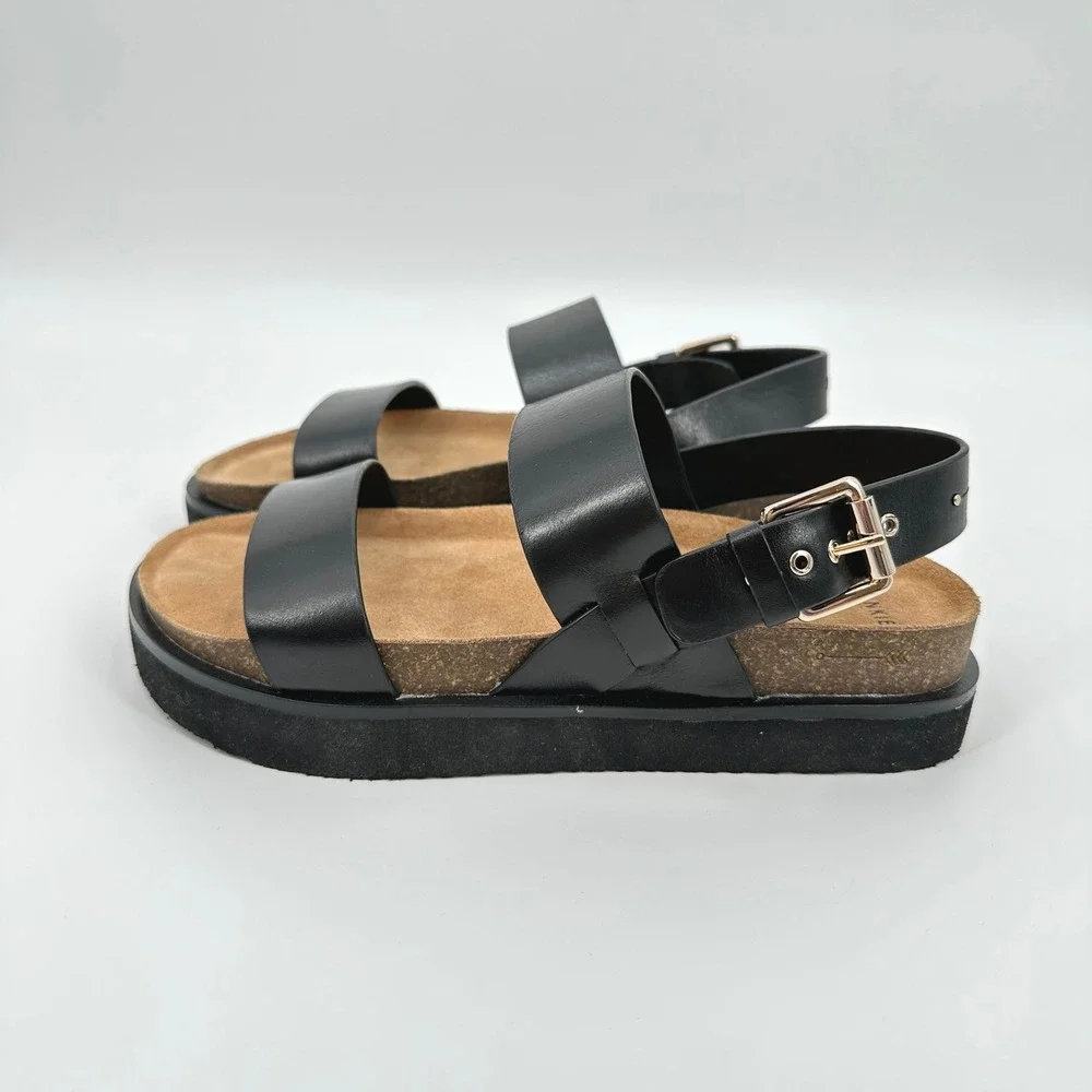 Frankie4 Hunter Black Leather Platform Sandals Womens‎ 7 Cork Footbed NWOB